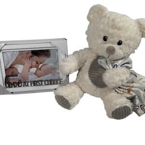 Spark White Bear Rattle Plush & Blanket + Love at 1st Cuddle Picture Frame 4 x 6